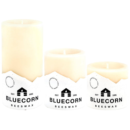 The Ivory Trio: three ivory beeswax pillar candles in 3, 4 and 6 inch heights