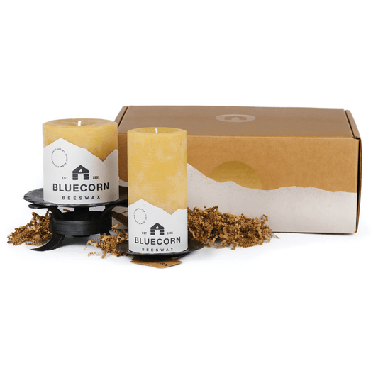 Handmade Bluecorn Beeswax candle and holder gift set. Idea christmas gift, wedding present or corporate gift.  beeswax candle gift set	