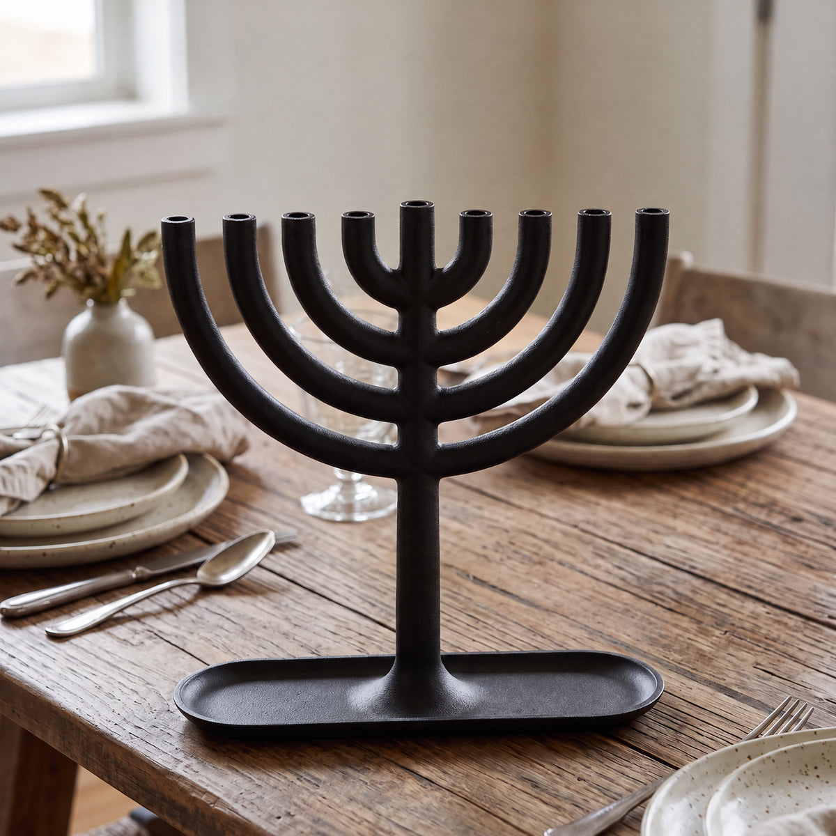 modern cast iron menora on a minimal dinner table