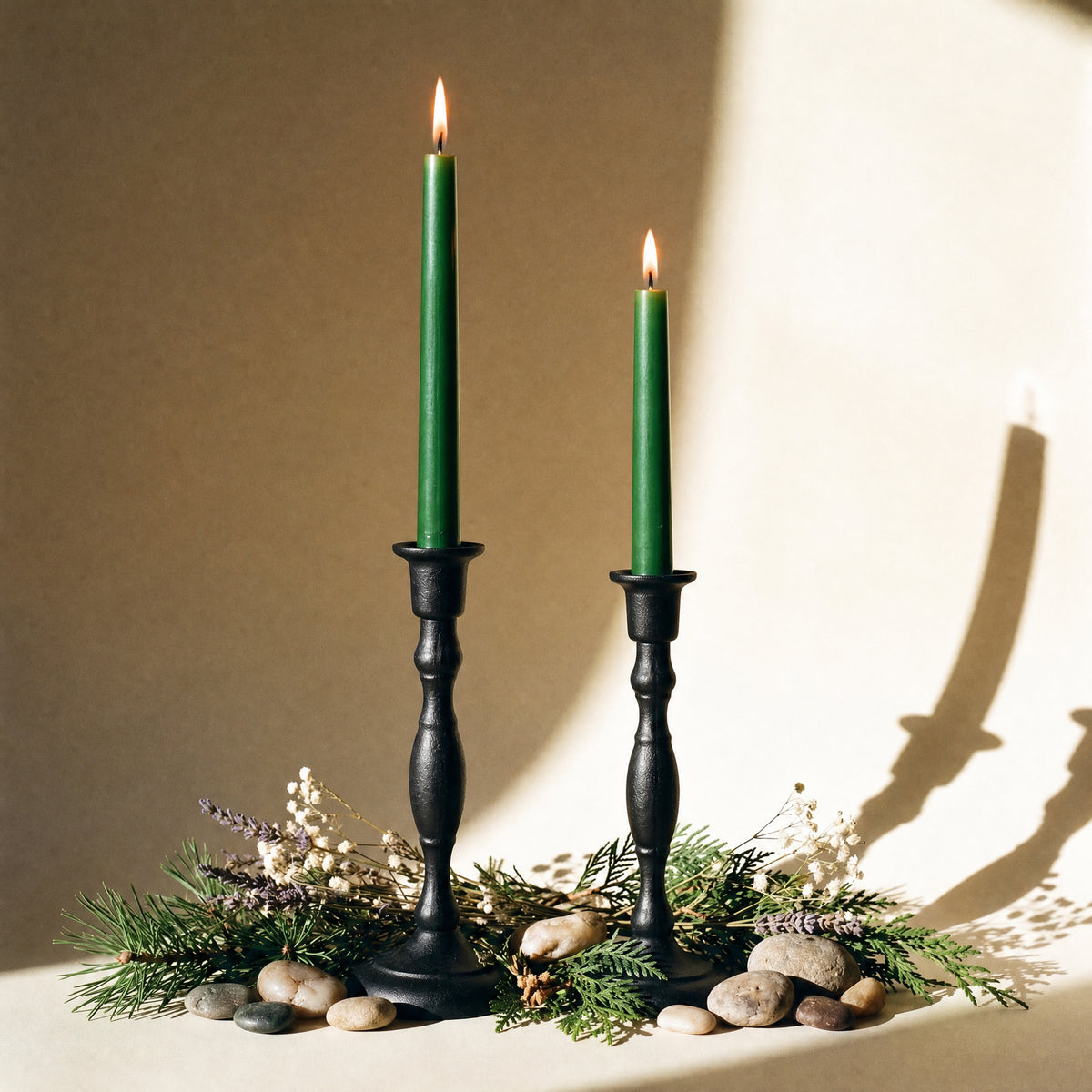 dark green beeswax taper candles in classic cast iron candlestick holders 100% pure beeswax bluecorn candles