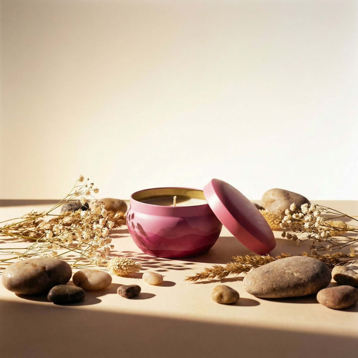 A Bluecorn Aromática 8oz Paloma scented candle tin in a decorative setting with stones and dried plants on a beige background
