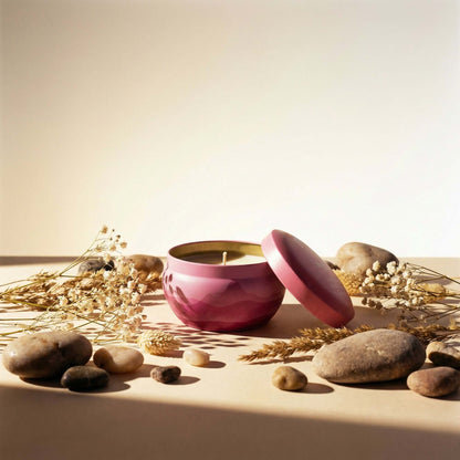 A Bluecorn Aromática 8oz Paloma scented candle tin in a decorative setting with stones and dried plants on a beige background
