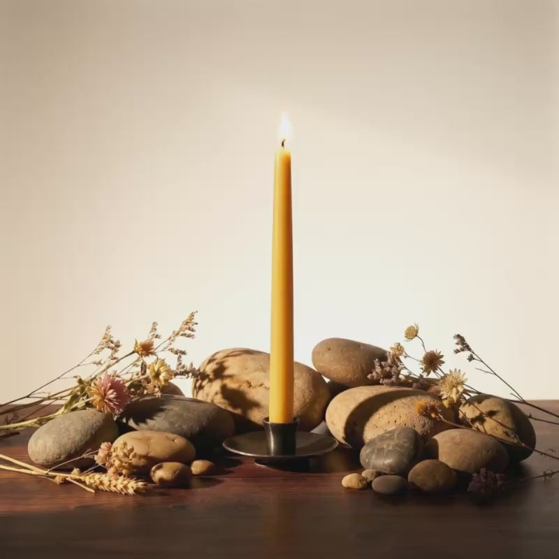 A 7 second video of a raw beeswax taper candle burning in a hand forged taper holder on a wooden surface surrounded by rocks and dried flowers