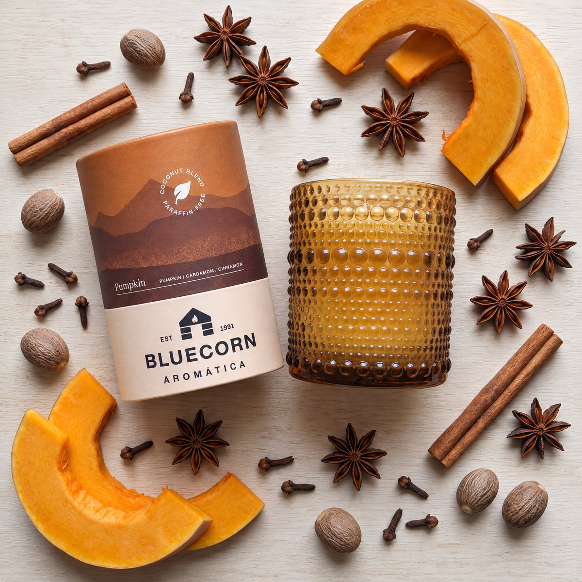 pumpkin spice scented candle form bluecorn with heirloom pumpkin and essential oils and warming spices surrounding 