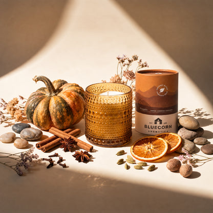 bluecorn pumpkin spice scented candle with heirloom gourd and spices surrouding it