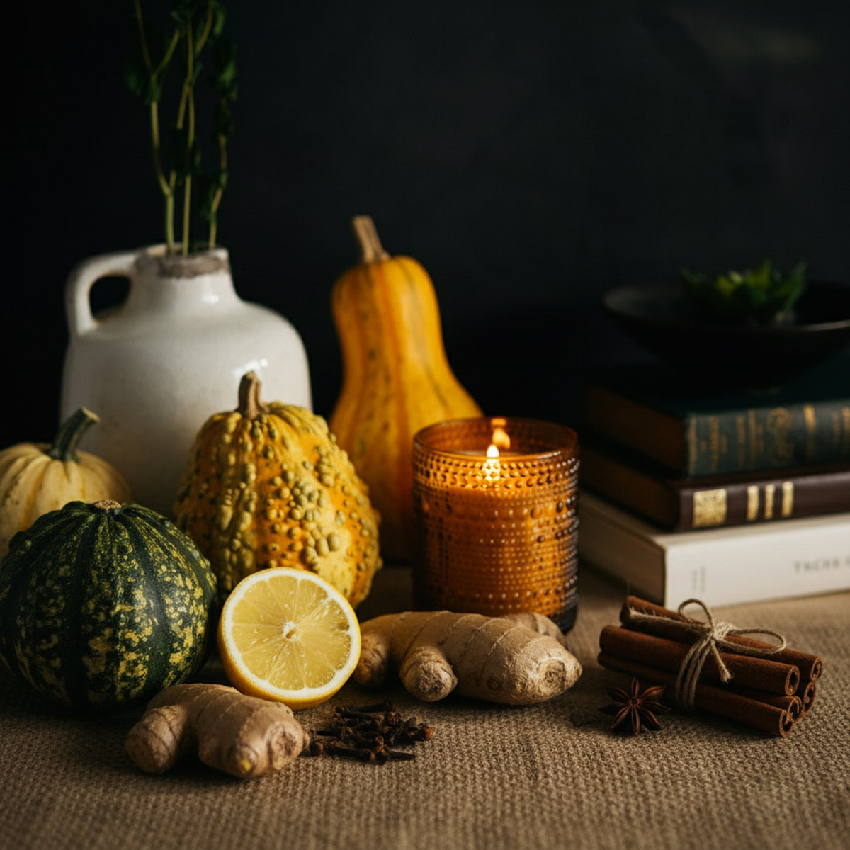 pumpkin spice candle surrounded by gourds, lemon, ginger, and cinnamon sticks on a rustic table