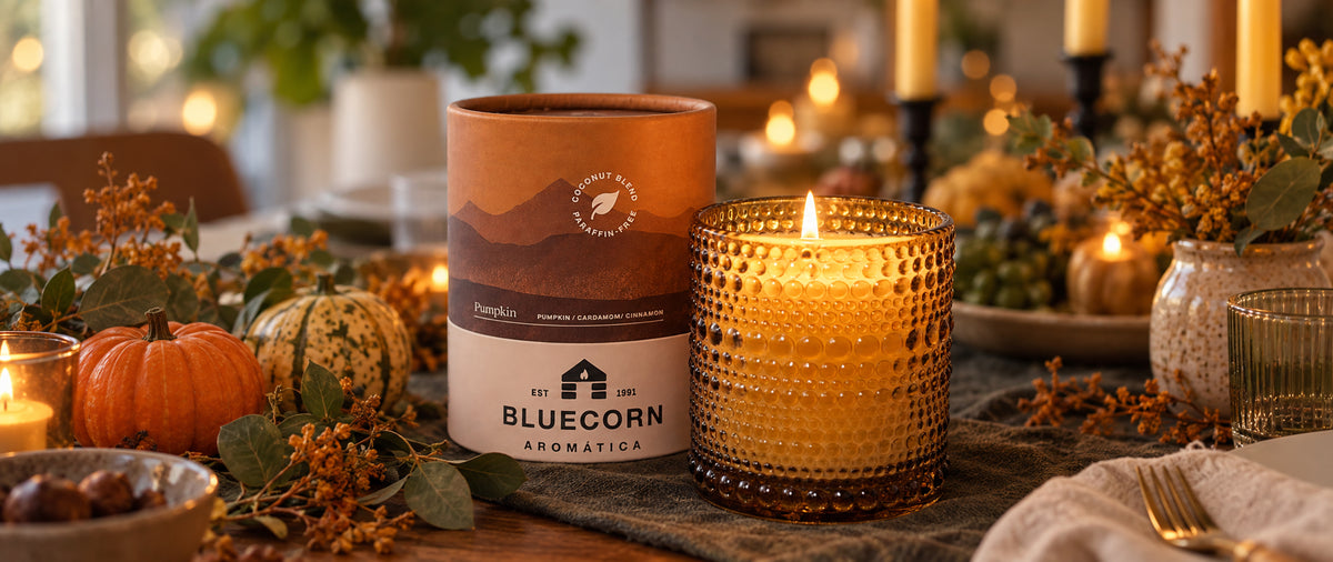 pumpkin spice scented candle from bluecorn on thanksgiving table fall decor