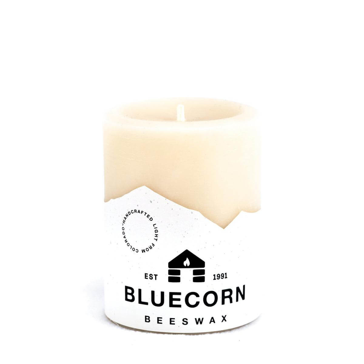 Bluecorn Beeswax 100% Pure Beeswax 3" x 4" Ivory Pillar Candle. Burn Time: 60 hours. Made with 100% Pure Beeswax, is white in color. Made with 100% pure cotton wick, no lead and paraffin free. Clean burning and non-toxic. Features Bluecorn Beeswax label printed on 100% recycled paper. 