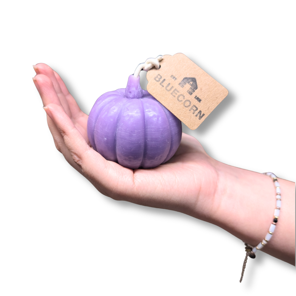 Pumpkin shaped candle in lilac color held in a hand with a tag, showcasing a unique fall decoration.