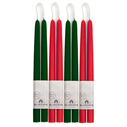 red and green christmas taper candles handmade from pure beeswax