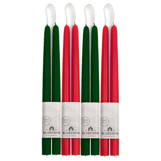 red and green christmas taper candles handmade from pure beeswax