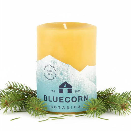 spruce scented pillar candle made with beeswax