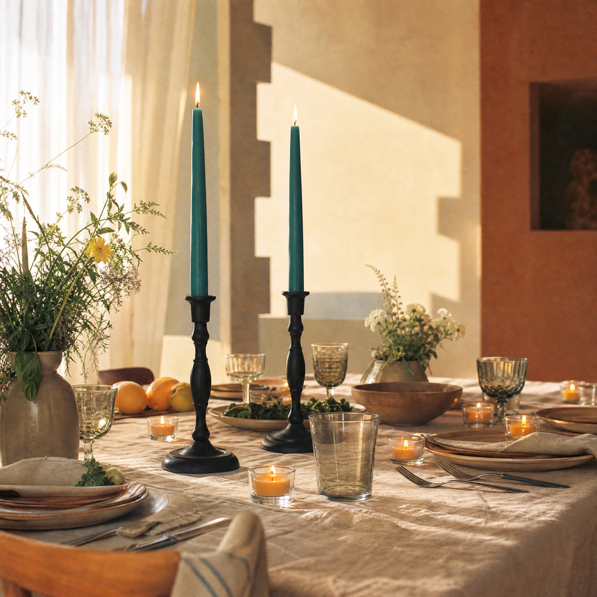 Teal beeswax taper candles displayed on a dining table, set against a stylish and warm decor.
