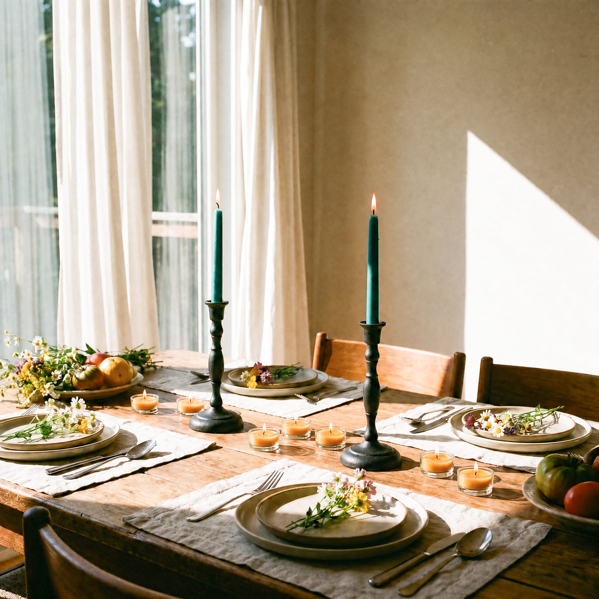 Teal beeswax taper candles on a rustic dining table set for a meal, surrounded by flowers and fruits.