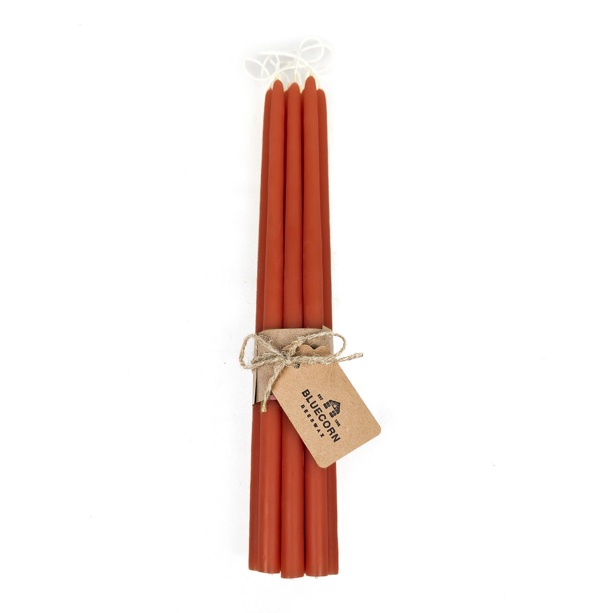 Terracotta colored thin beeswax tapers with - 5 pair bundle with kraft tag that says "Bluecorn Beeswax"